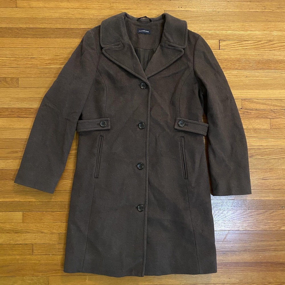 Lands End Coat Womens Medium Brown Wool Blend Long Button Front Lined Overcoat